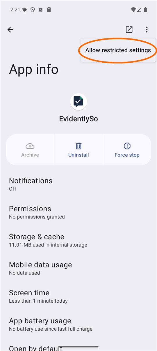 EvidentlySo&rsquo;s App info page with the ⋮ menu open. Allow restricted settings is circled.