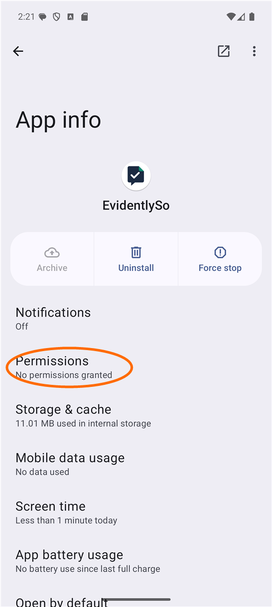 EvidentlySo&rsquo;s App info page. Permissions is circled.