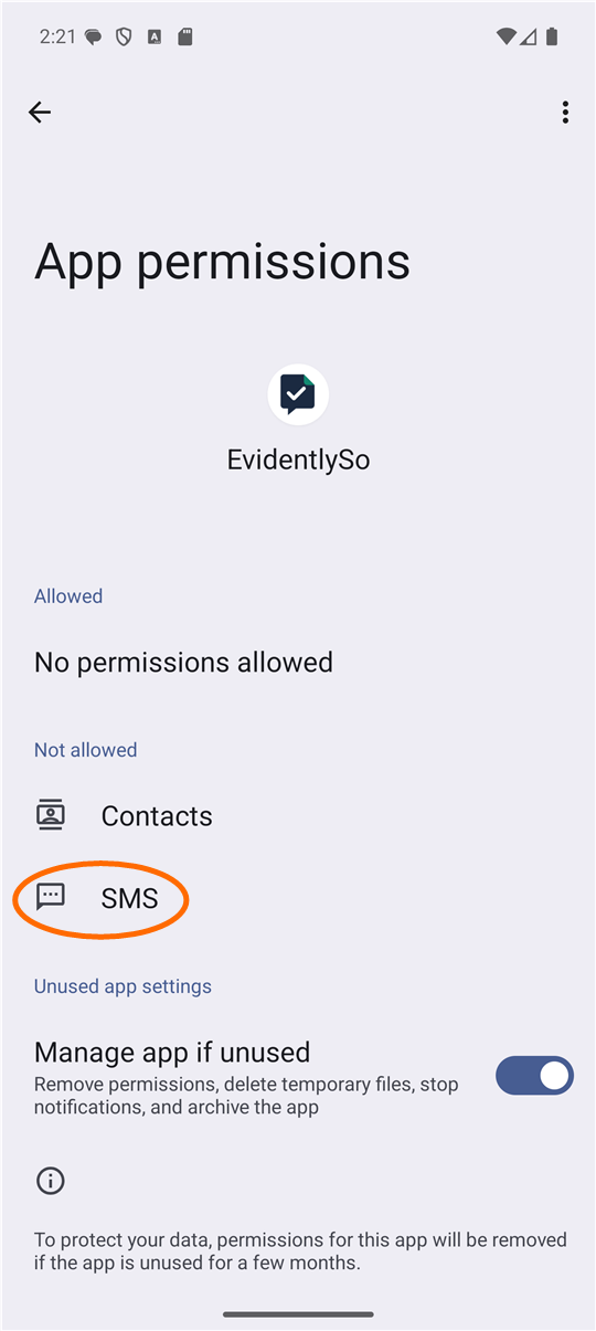 The App permissions page, with SMS under Not allowed. SMS is circled.