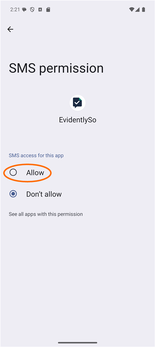The SMS permission page with Allow and Don&rsquo;t allow. Allow is circled.